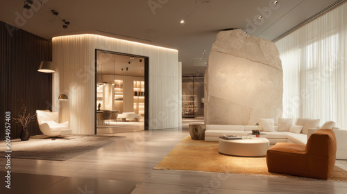 luxurious and ultra modern minimalist living room interior design showcasing a massive raw stone accent wall elegant white sectional sofa sophisticated warm lighting and spacious lounge area