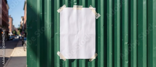 Blank paper poster taped to green construction fence