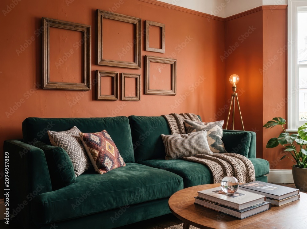 Fototapeta premium Cozy living room with dark green velvet sofa and terracotta walls home decor coffee table interior design