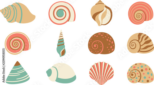 Photos Collection of colorful spiral seashells and conch shells isolated on white backg