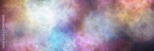 Warm beige, dusty pink, and muted blue misty haze on black. Wide panoramic banner for vintage, retro, and bohemian atmospheric art.
