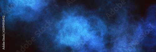 Deep navy blue and electric cyan misty haze on a dark canvas. Wide abstract grunge banner for cosmic space, futuristic tech, and night themes.
