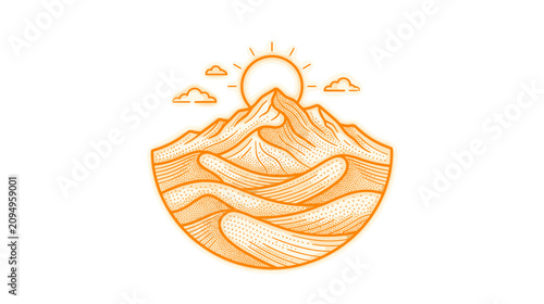 Tableau sur toile Sunrise Over Mountain Peaks and Sand Dunes, Minimalist Line Art