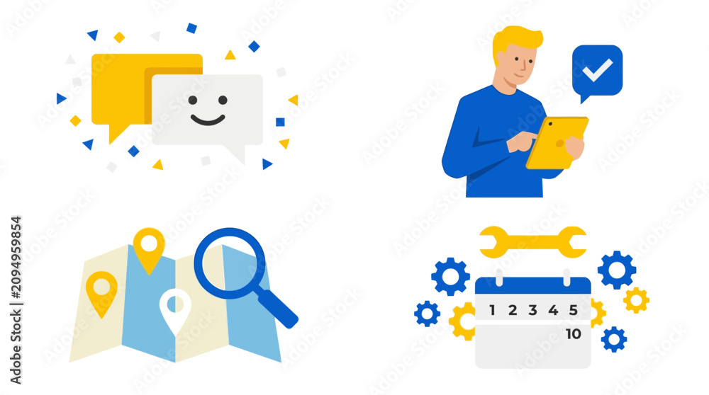 Fototapeta premium A man checks a document next to a smiley face and a map with a magnifying glass.