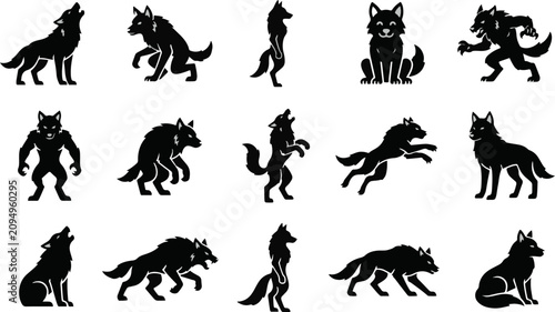 Foto Set of werewolf silhouettes in various poses and actions for fantasy and horror
