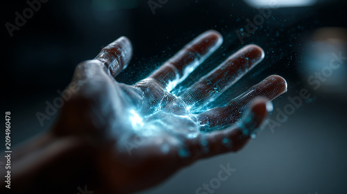 Human hand palm open with glowing blue digital light particles energy, particles