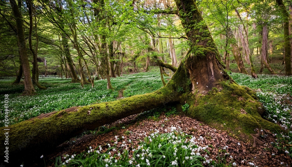 Fototapeta premium Mossy Fallen Tree In Wild Garlic Forest