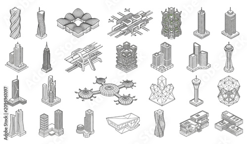 Futuristic Urban Building Wireframe Collection, Abstract 3D Architecture Line Art, Construction Concept Vector Illustration