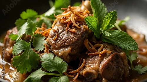 A close-up of a delicious French-inspired Vietnamese dish featuring tender braised meat garnished with fresh cilantro, fragrant mint, and crispy fried shallots