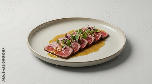 A sophisticated French-inspired Vietnamese dish featuring tender rare beef slices drizzled with a savory dressing and garnished with fresh microgreens