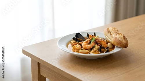A gourmet French-inspired Vietnamese dish served in a shallow white bowl with fresh seafood, aromatic broth, and a crusty baguette on a wooden table