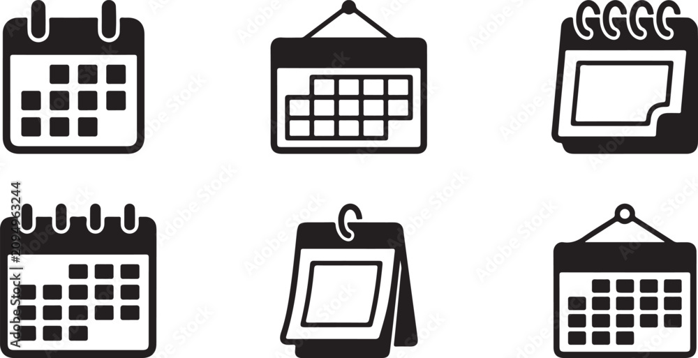 Fototapeta premium Six different calendar and planner icons in black and white style Vector