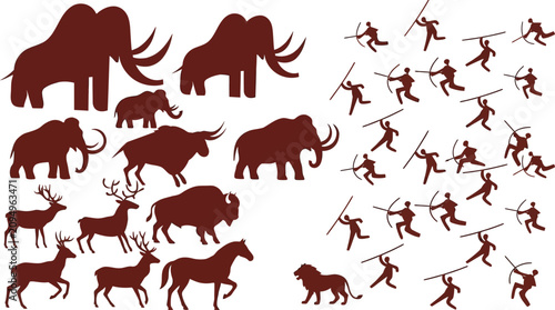 Tableau sur toile Mammoth bison deer and human silhouettes in a reddish brown vector illustration