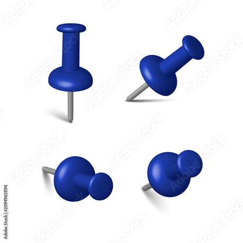 Obraz na płótnie Set of four blue plastic push pins shown from different angles and perspectives