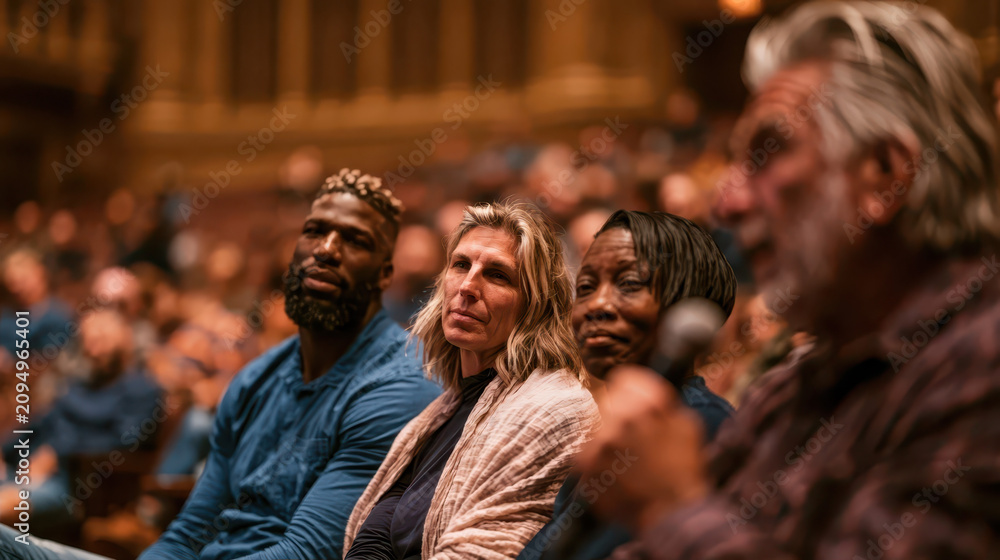 Obraz premium Diverse Audience Engaged in Auditorium Talk, Warm Wooden Venue, Soft Lighting, Ideal for Events and Education.