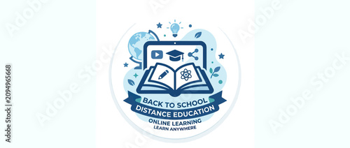Photos Back to School Distance Education Online Learning Icon: Laptop, Book, Globe, Lig