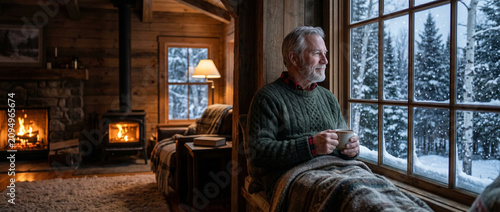 Phlegmatic man sitting by the window with cup in winter cabin  
