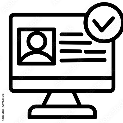 Verified user profile account on computer screen icon vector. Approved profile identity checkmark illustration.