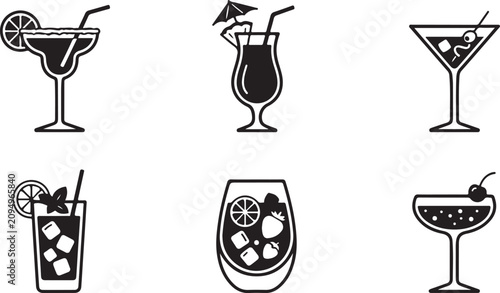 Foto Six stylish black and white cocktail glass icons with drinks and garnishes Vecto