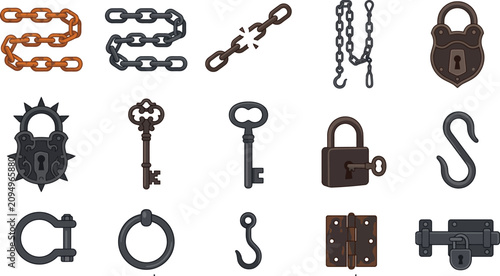 Detailed vector graphic set featuring various metallic chains rusty locks vintage keys sturdy iron hooks and heavy door hinges