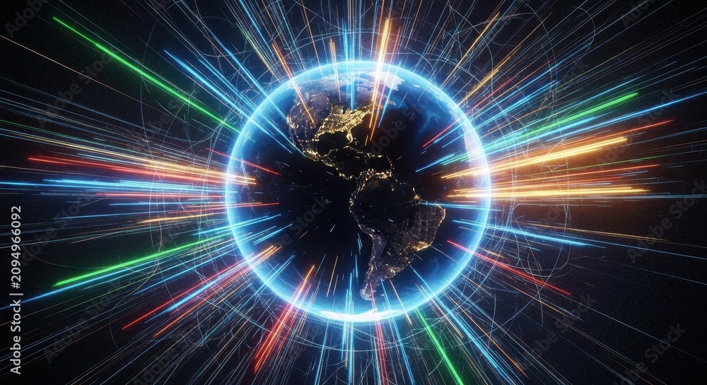 Fototapeta premium Futuristic digital earth with glowing light trails, global network connectivity, high speed data transfer concept