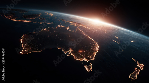 Nocturnal Satellite View: Oceania and Southeast Asia, Australia Illuminated, Earth's Shape Evident