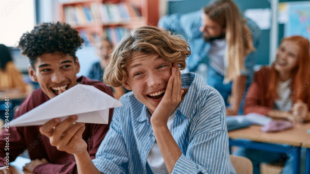 Fototapeta premium Joyful Students Enjoying Playful Moments with Paper Airplanes and Whispered Secrets in a Classroom Setting