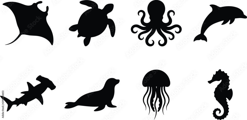 Fototapeta premium Marine Animal Silhouette Icon Set Featuring Ocean Wildlife and Sea Creature Collection