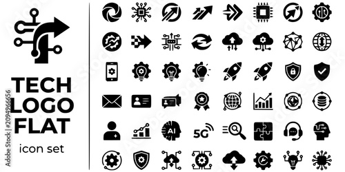 Tech Startup Logo Flat Black White-Circuit Node Arrow Direction Brand-Technology Vector-Tech Icon Flat-Logo Symbol Design Set