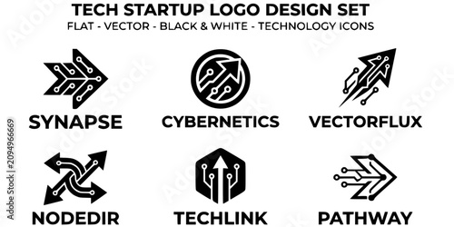Tech Startup Logo Flat Black White-Circuit Node Arrow Direction Brand-Technology Vector-Tech Icon Flat-Logo Symbol Design Set