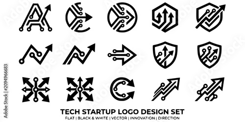 Tech Startup Logo Flat Black White-Circuit Node Arrow Direction Brand-Technology Vector-Tech Icon Flat-Logo Symbol Design Set