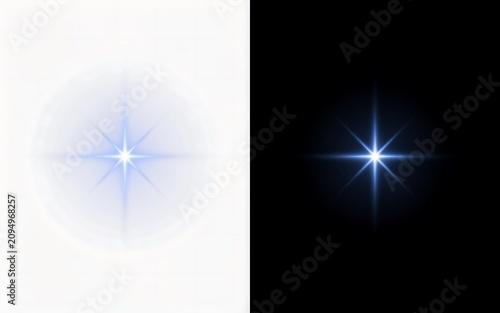 Blue starburst lens flare effect with white and black backgrounds for photo editing and design