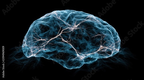 Glowing digital brain with neon synapses on black background