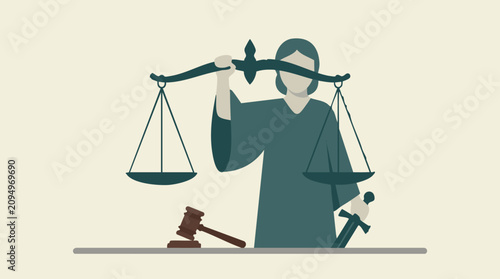 Lady Justice with scales, gavel, and sword - legal system concept