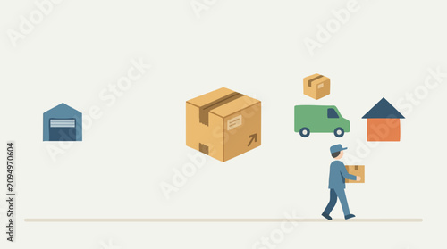 Package delivery and logistics illustration from warehouse to customer