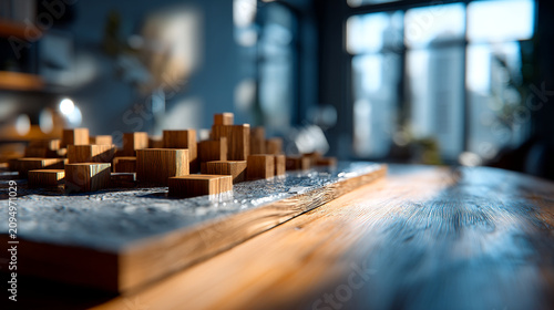 Small scale wooden architectural city model on a desk with architecture