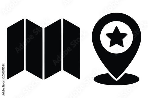 Folded paper map and location pin with star symbol icon set location navigation silhouette destination direction tracking position adventure geographic cartography pictogram isolated