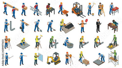 Foto Construction Workers And Equipment Isometric Vector Illustration Set