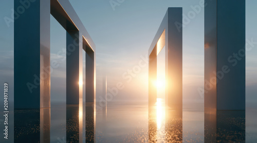 Expansive Abstract Architecture: Reflective Archways, Golden Light, and Mirrored Surfaces for Modern Design Inspiration