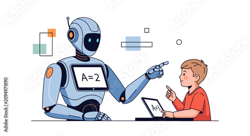 Robot teaching young boy mathematics with laptop in modern setting