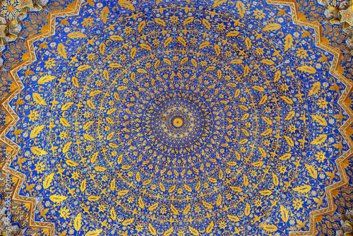 Close-up of the blue and golden ceiling in Tilya-Kori mosque in Registan, Samarkand.