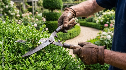 Gardener wearing leather gloves uses shears to trim a lush green hedge in a formal garden setting