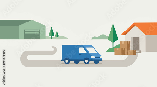 Delivery van on route from warehouse to house, illustrating logistics