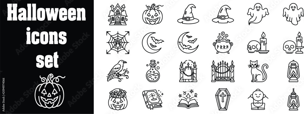 Fototapeta premium Halloween Icon Set Featuring Black Cat, Pumpkin, Ghost, Witch Hat, Spider, Bat, Cauldron, Skeleton, Graveyard, and More in Line Art Style for Web