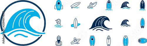 Konstfotografi A graphic illustration of various surfing icons and wave symbols in blue hues