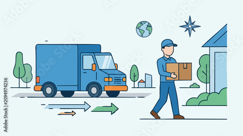 Konstfotografi Global parcel delivery with courier man and truck illustration
