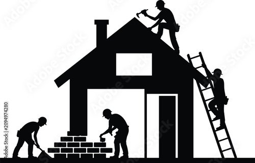 Fotografi House construction workers building roofing bricklaying home renovation vector i