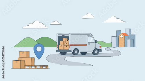 Logistics and shipping concept: Delivery van transporting packages on a road