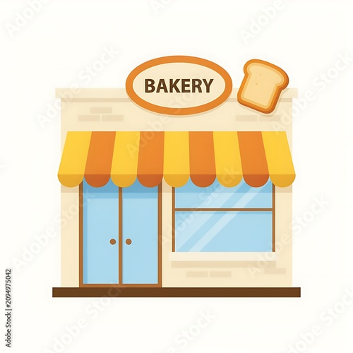 A cartoon illustration of a bakery storefront with a yellow and orange awning and a sign reading Bakery above the door.