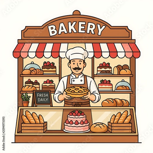 Baker holds freshly baked bread and pastries in a cozy outdoor bakery stall